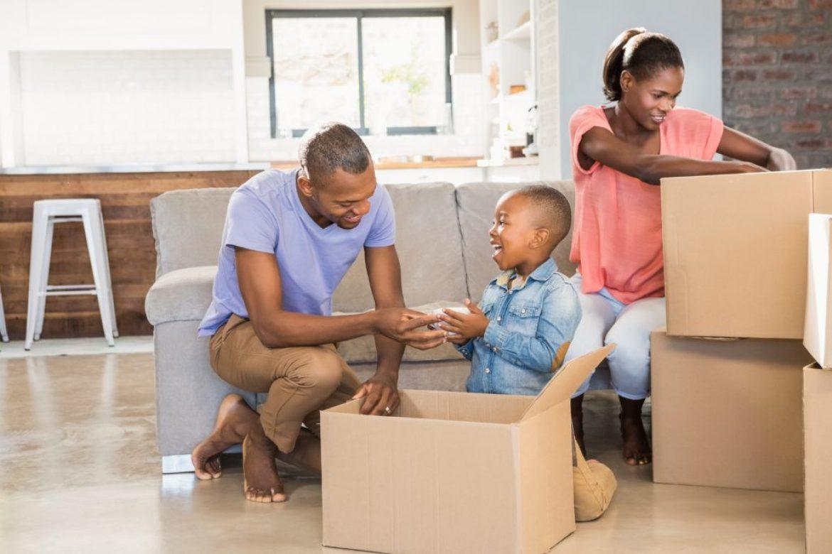 family with moving boxes