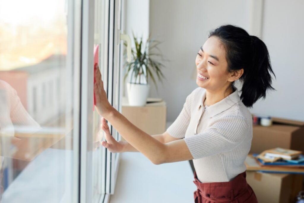 woman cleaning windows